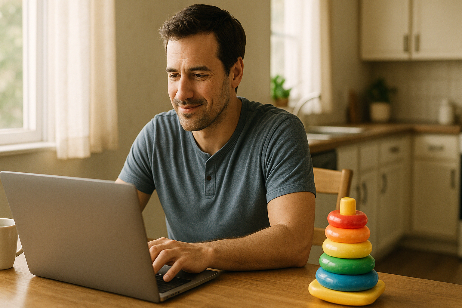 Homem sorrindo usando notebook na cozinha com brinquedos ao fundo
