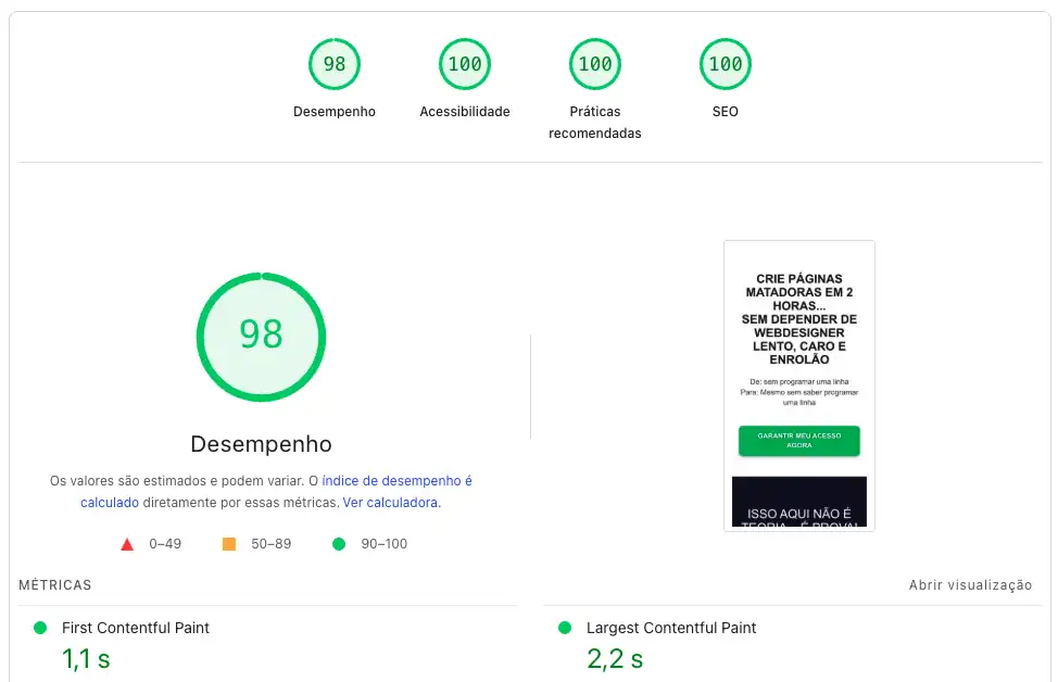 Print de desempenho da página