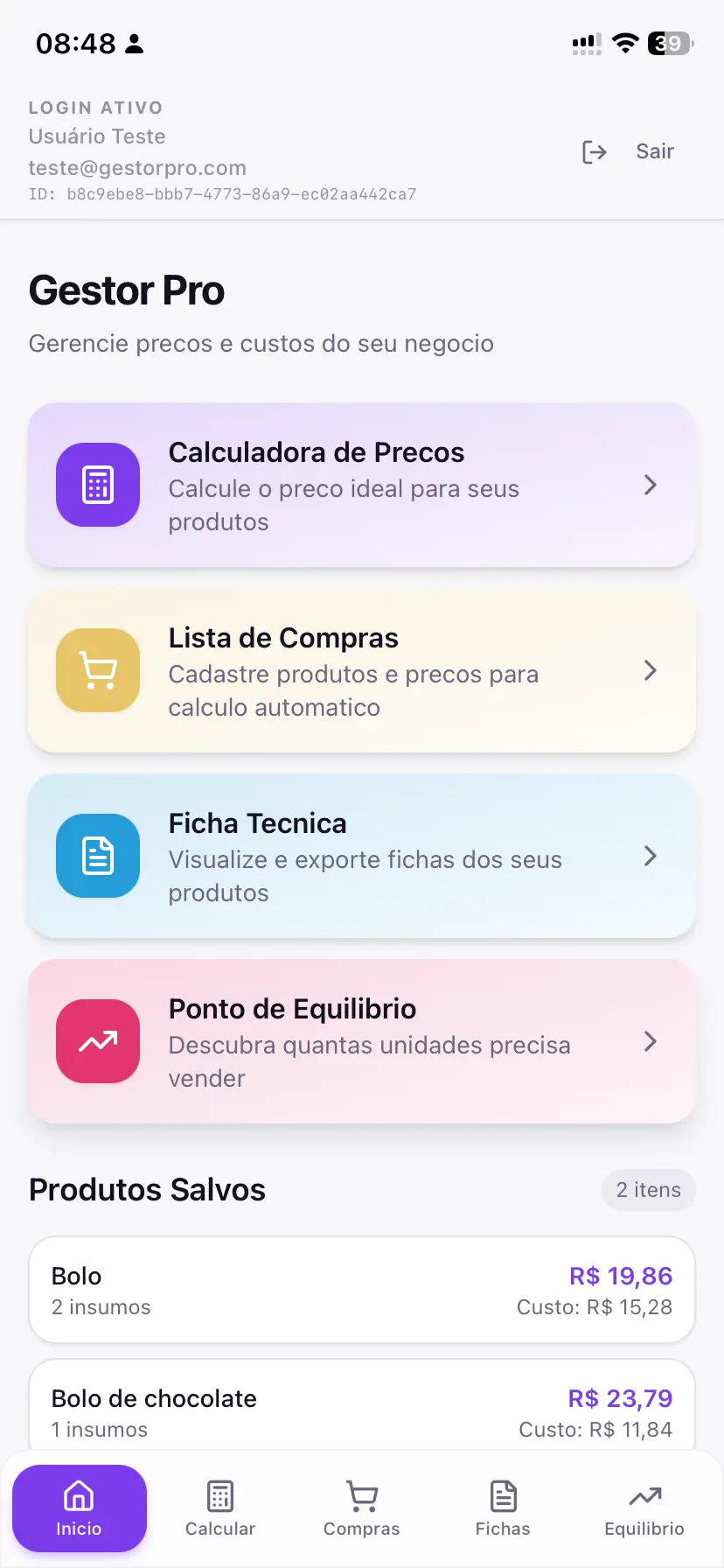 Tela inicial do Gestor Pro mostrando dashboard de produtos