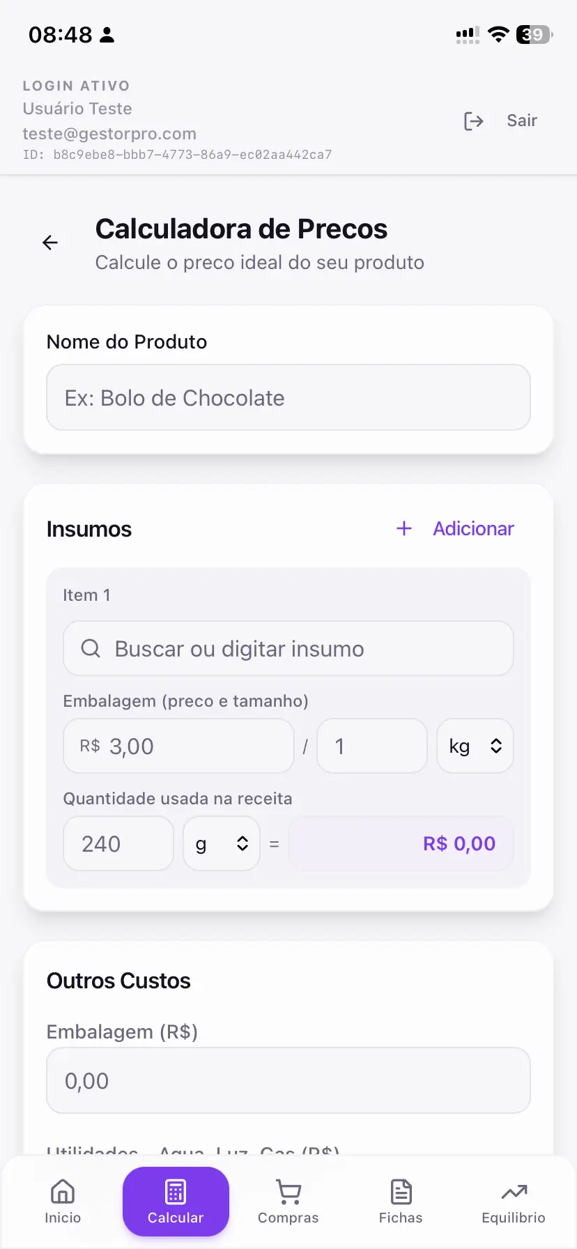 Calculadora de lucro do Gestor Pro mostrando preço sugerido