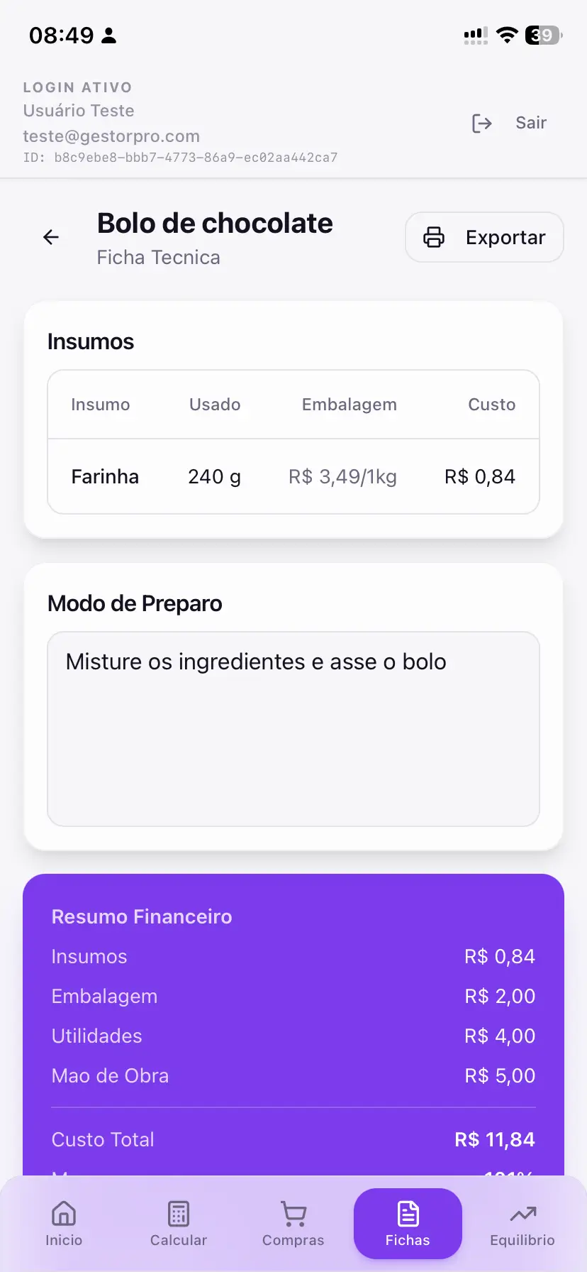 Ficha técnica em PDF gerada pelo Gestor Pro
