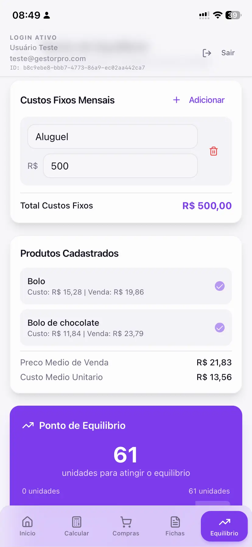 Ponto de equilíbrio calculado automaticamente no Gestor Pro