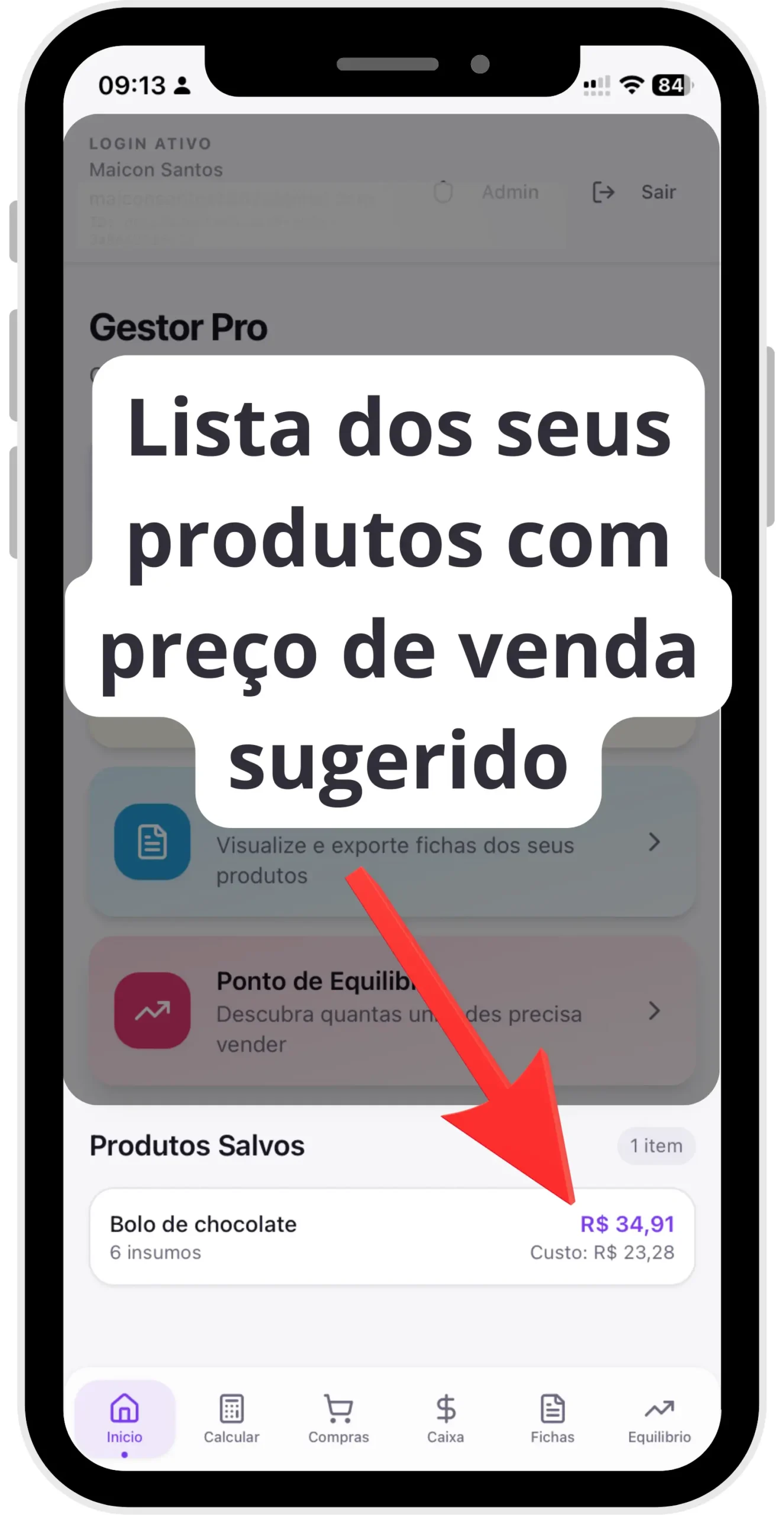 App mostrando lucro e precificação