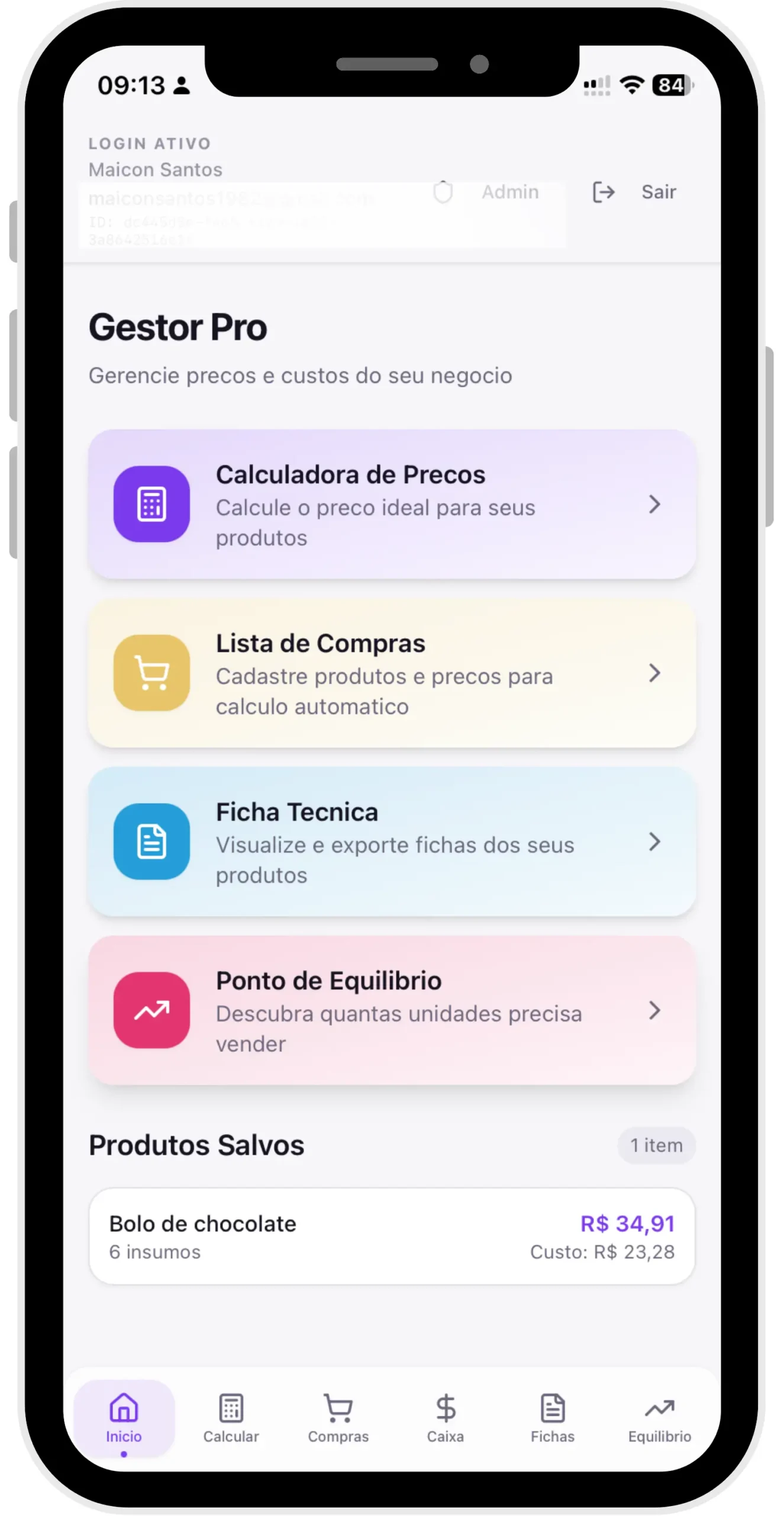 Mockup da tela inicial do app