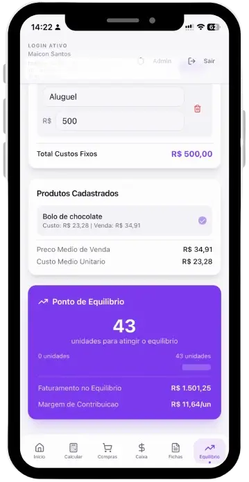 Tela do app mostrando ponto de equilíbrio e análise de lucro